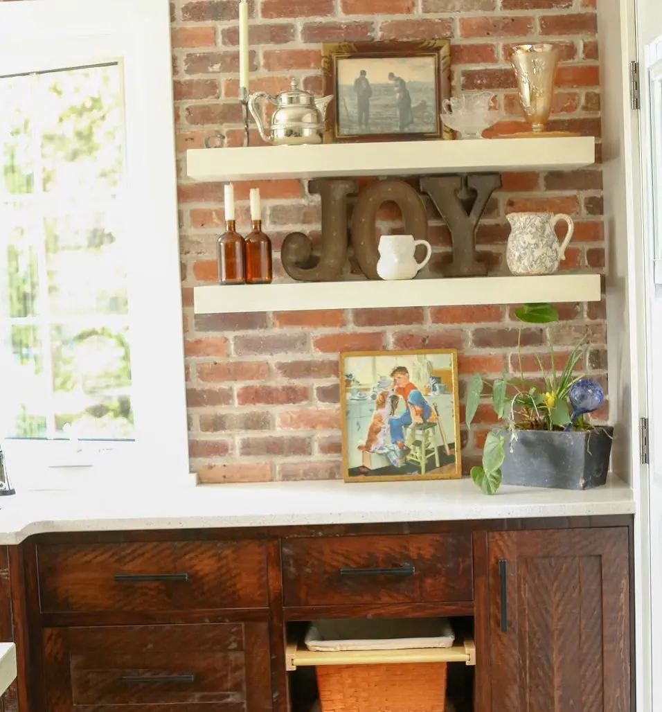Distressed walnut kitchen with open shelving and shelf cabinetry by Heirlooms Custom Cabinetry